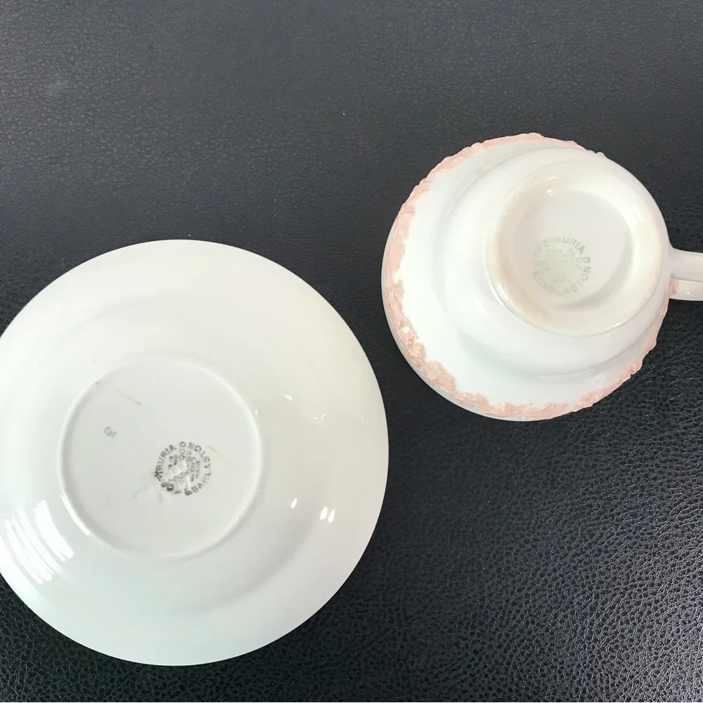 Wedgwood Etruria Embossed Queens Ware Pink on White Tea Cup Saucer Set England - Picture 13 of 16